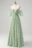 Dusty Sage A Line Off the Shoulder Print Maxi Dress with Slit