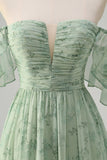 Dusty Sage A Line Off the Shoulder Print Maxi Dress with Slit