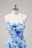 Blue Floral A Line Spaghetti Straps Maxi Dress With Slit