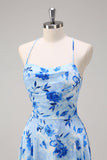 Blue Floral A Line Spaghetti Straps Maxi Dress With Slit