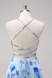 Blue Floral A Line Spaghetti Straps Maxi Dress With Slit