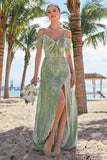 Dusty Sage Burnout Velvet A-Line Jacquard Cold Shoulder Long Bridesmaid Dress with Slit