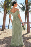 Dusty Sage Burnout Velvet A-Line Jacquard Cold Shoulder Long Bridesmaid Dress with Slit