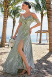 Dusty Sage Burnout Velvet A-Line Jacquard Cold Shoulder Long Bridesmaid Dress with Slit