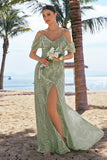 Dusty Sage Burnout Velvet A-Line Jacquard Cold Shoulder Long Bridesmaid Dress with Slit