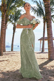 Dusty Sage Burnout Velvet A-Line Jacquard Cold Shoulder Long Bridesmaid Dress with Slit