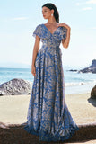 Grey Blue A-Line V Neck Burnout Velvet Floor Length Bridesmaid Dress with Cape Sleeves