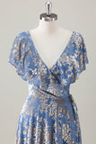 Grey Blue Floral A-Line V Neck Burnout Velvet Maxi Dress