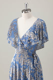 Grey Blue Floral A-Line V Neck Burnout Velvet Maxi Dress