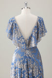 Grey Blue Floral A-Line V Neck Burnout Velvet Maxi Dress