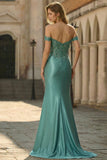 Off the Shoulder Applique Mermaid Grey Green Prom Dress with Slit