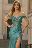Off the Shoulder Applique Mermaid Grey Green Prom Dress with Slit