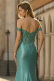 Off the Shoulder Applique Mermaid Grey Green Prom Dress with Slit