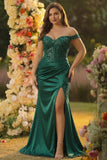 Off the Shoulder Dark Green Sequin Mermaid Plus Size Long Prom Dress with Slit