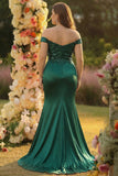 Off the Shoulder Dark Green Sequin Mermaid Plus Size Long Prom Dress with Slit