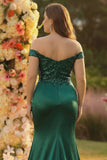 Off the Shoulder Dark Green Sequin Mermaid Plus Size Long Prom Dress with Slit