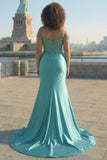 Off the Shoulder Dark Green Sequin Mermaid Plus Size Long Prom Dress with Slit