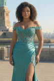 Off the Shoulder Dark Green Sequin Mermaid Plus Size Long Prom Dress with Slit
