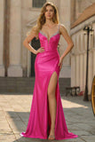 Fuchsia Mermaid Beaded Satin Corset Long Prom Dress With Slit