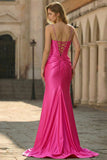 Fuchsia Mermaid Beaded Satin Corset Long Prom Dress With Slit