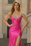 Fuchsia Mermaid Beaded Satin Corset Long Prom Dress With Slit