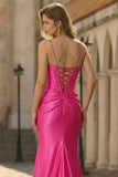 Fuchsia Mermaid Beaded Satin Corset Long Prom Dress With Slit