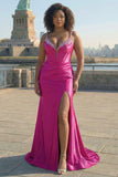 Fuchsia Spaghetti Straps Beaded Corset Plus Size Long Prom Dress with Slit
