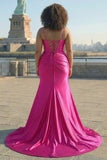 Fuchsia Spaghetti Straps Beaded Corset Plus Size Long Prom Dress with Slit