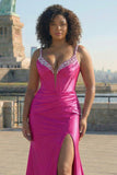 Fuchsia Spaghetti Straps Beaded Corset Plus Size Long Prom Dress with Slit