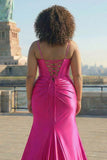 Fuchsia Spaghetti Straps Beaded Corset Plus Size Long Prom Dress with Slit