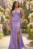 Fuchsia Spaghetti Straps Beaded Corset Plus Size Long Prom Dress with Slit