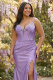 Fuchsia Spaghetti Straps Beaded Corset Plus Size Long Prom Dress with Slit