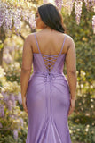 Fuchsia Spaghetti Straps Beaded Corset Plus Size Long Prom Dress with Slit