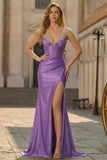 Fuchsia Mermaid Beaded Satin Corset Long Prom Dress With Slit