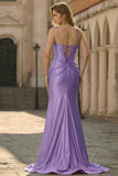 Fuchsia Mermaid Beaded Satin Corset Long Prom Dress With Slit