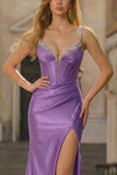 Fuchsia Mermaid Beaded Satin Corset Long Prom Dress With Slit