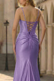 Fuchsia Mermaid Beaded Satin Corset Long Prom Dress With Slit