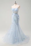 Blue Mermaid Spaghetti Straps Corset Long Prom Dress With Appliques