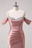 Glitter Blush Mermaid Cold Shoulder Beaded Long Prom Dress