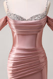 Glitter Blush Mermaid Cold Shoulder Beaded Long Prom Dress