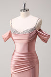 Glitter Blush Mermaid Cold Shoulder Beaded Long Prom Dress