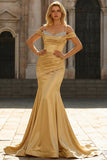 Mermaid Cold Shoulder Sequin Ruched Satin Golden Long Prom Dress