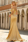 Mermaid Cold Shoulder Sequin Ruched Satin Golden Long Prom Dress