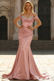 Golden Ruched Mermaid Cold Shoulder Beaded Long Prom Dress