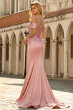 Golden Ruched Mermaid Cold Shoulder Beaded Long Prom Dress
