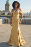 Golden Cold Shoulder Satin Ruched Mermaid Plus Size Long Prom Dress with Sequins