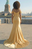 Golden Cold Shoulder Satin Ruched Mermaid Plus Size Long Prom Dress with Sequins