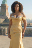 Golden Cold Shoulder Satin Ruched Mermaid Plus Size Long Prom Dress with Sequins