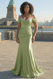 Golden Cold Shoulder Satin Ruched Mermaid Plus Size Long Prom Dress with Sequins