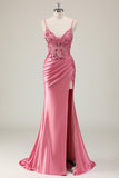 Sparkly Coral Mermaid Sequins Corset Long Prom Dress with Slit